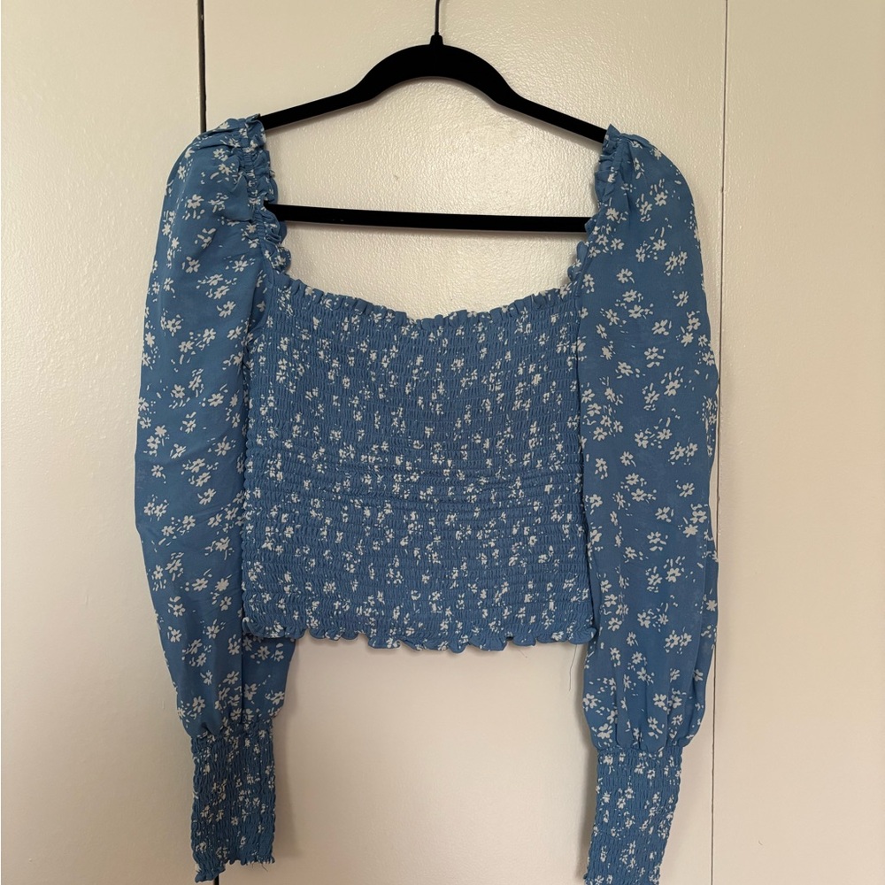 Reformation Blue and White Floral Ruched Top